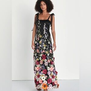 Lulu’s Thriving Poise Black 3D Floral Embroidered Tie-Strap Maxi Dress